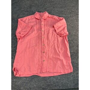 Caribbean Mens Large Coral Pink Linen Blend Embroidered Short Sleeve Button Down